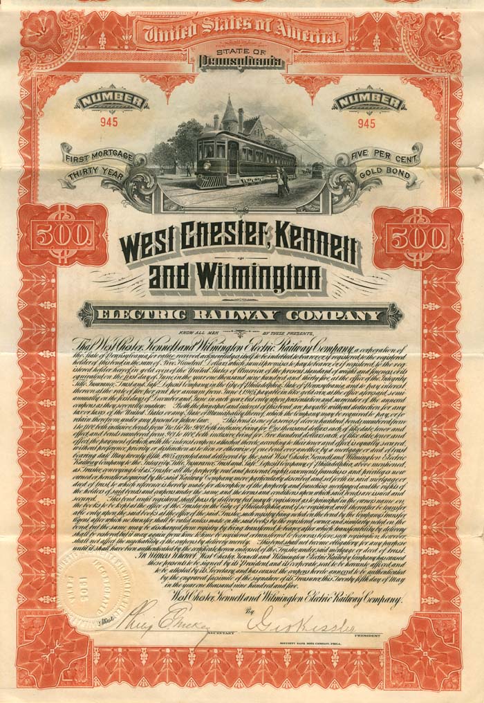 West Chester, Kennett and Wilmington Electric Railway Co. - 1905 dated $500 Railroad Bond